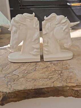 Vintage Japanese White Ceramic Unicorn Head Bookends - Set of 2